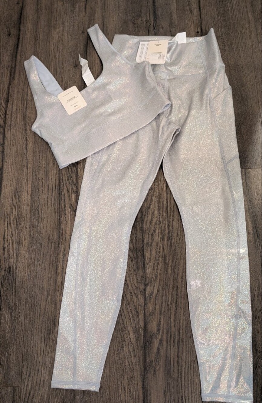 NWT Fabletics Silver Metallic Shimmer Hologram Matching Set